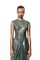 Green High Neck Draped Maxi Dress by HARRI EXCLUSIVE showcased on model with sleeveless design