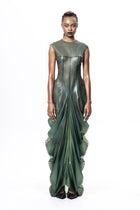 Green High Neck Draped Maxi Dress by HARRI EXCLUSIVE worn by model with ruffle detailing along the sides