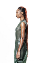 HARRI EXCLUSIVE Green High Neck Draped Maxi Dress shown in side profile on model with long braided hair