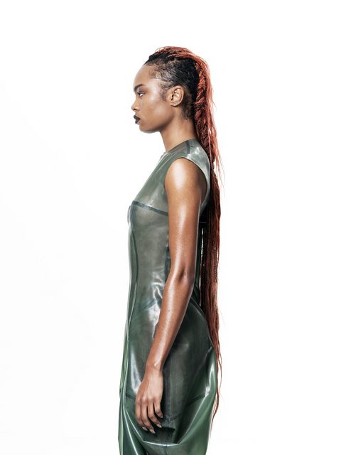 HARRI EXCLUSIVE Green High Neck Draped Maxi Dress shown in side profile on model with long braided hair