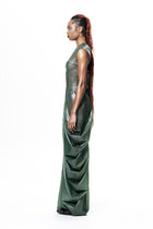 HARRI EXCLUSIVE Green High Neck Draped Maxi Dress worn by model in side view with sleeveless design