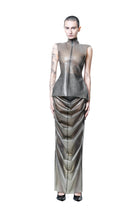 Model wearing HARRI EXCLUSIVE Grey Draped Maxi Shrimp Skirt dress with fitted sleeveless top and high collar