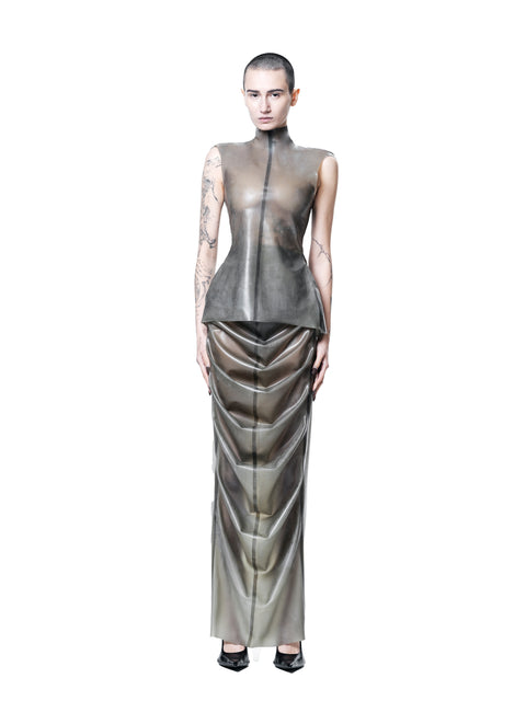 Model wearing HARRI EXCLUSIVE Grey Draped Maxi Shrimp Skirt dress with fitted sleeveless top and high collar