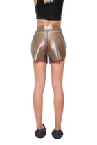 Rear view of Grey High Waist Essential Biker Shorts by HARRI worn with black crop top and black shoes
