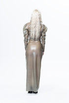 Back view of a model wearing a grey long sleeve sheer maxi dress by HARRI EXCLUSIVE with a fitted silhouette