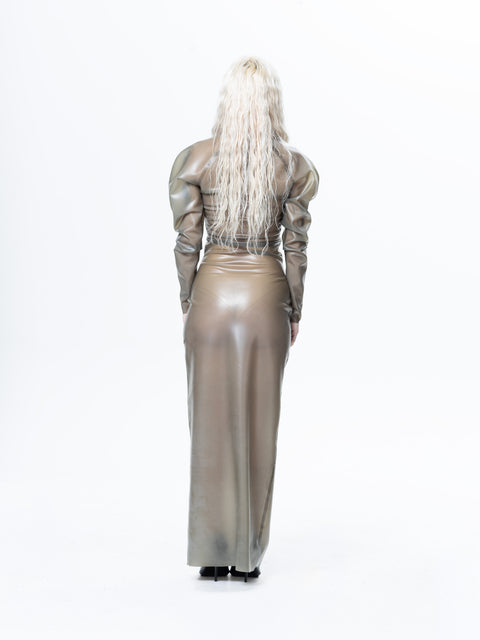 Back view of a model wearing a grey long sleeve sheer maxi dress by HARRI EXCLUSIVE with a fitted silhouette
