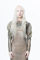 HARRI EXCLUSIVE grey long sleeve sheer maxi dress with puffed shoulders on model