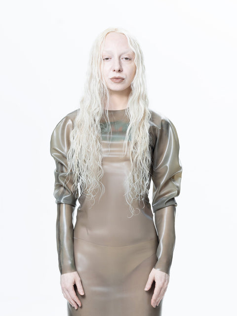 HARRI EXCLUSIVE grey long sleeve sheer maxi dress with puffed shoulders on model