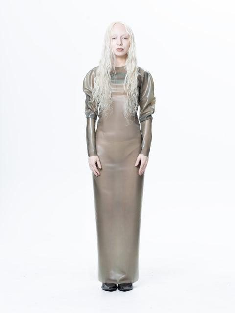 HARRI EXCLUSIVE Grey Long Sleeve Sheer Maxi Dress with a fitted silhouette and translucent fabric