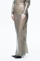 HARRI EXCLUSIVE Grey Long Sleeve Sheer Maxi Dress with fitted silhouette and subtle shine