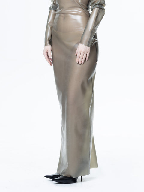 HARRI EXCLUSIVE Grey Long Sleeve Sheer Maxi Dress with fitted silhouette and subtle shine