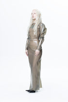 HARRI EXCLUSIVE Grey Long Sleeve Sheer Maxi Dress with puffed sleeves and fitted silhouette