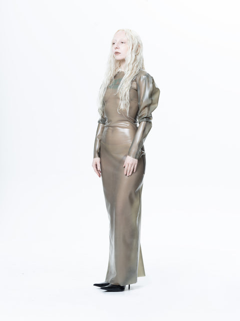 HARRI EXCLUSIVE Grey Long Sleeve Sheer Maxi Dress with puffed sleeves and fitted silhouette