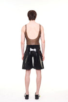Back view of man wearing HARRI Grey Muscle Fit Sheer Tank Top paired with black shorts