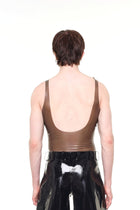 Back view of model wearing HARRI Grey Muscle Fit Sheer Tank Top with low scoop back and black pants
