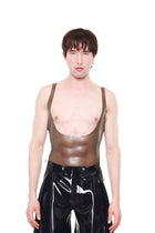 HARRI Grey Muscle Fit Sheer Tank Top vest worn by male model with black shiny pants