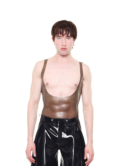 HARRI Grey Muscle Fit Sheer Tank Top vest worn by male model with black shiny pants