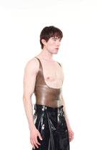 Male model wearing HARRI Grey Muscle Fit Sheer Tank Top styled with black vinyl pants