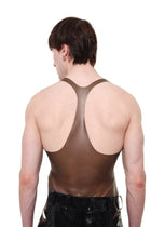 Back view of a man wearing a HARRI Grey Razor Back Sheer Tank Top vest in brown sheer fabric