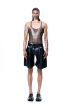 HARRI Grey Razor Back Sheer Tank Top vest worn by male model with black shorts and shoes