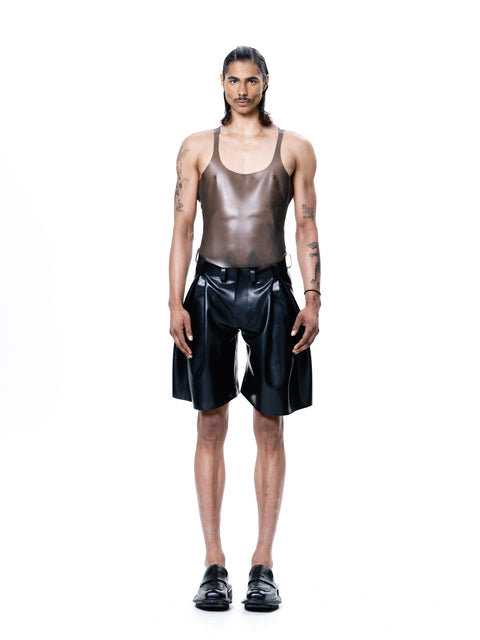 HARRI Grey Razor Back Sheer Tank Top vest worn by male model with black shorts and shoes