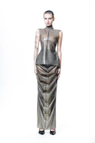 HARRI Grey Structured High Neck Sleeveless Top worn by model with matching skirt and black heels