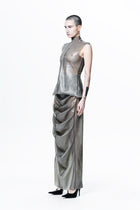 Grey Structured High Neck Sleeveless Top by HARRI styled with matching draped skirt and black heels