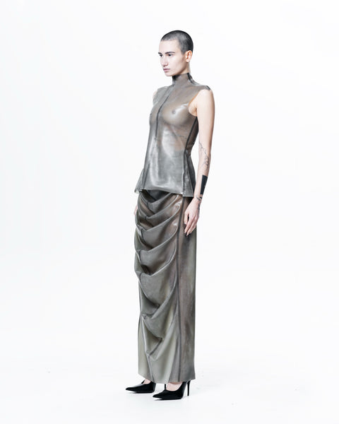 Grey Structured High Neck Sleeveless Top by HARRI styled with matching draped skirt and black heels