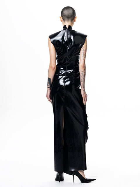 Back view of model wearing HARRI EXCLUSIVE black Shrimp Dress with high collar and sleek glossy finish