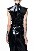 Back view of HARRI EXCLUSIVE Shrimp Dress in glossy black fitted design with high collar and sleeveless cut