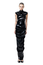 HARRI EXCLUSIVE Shrimp Dress in sleek black shiny material with high neck and fitted silhouette