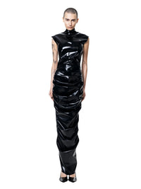 HARRI EXCLUSIVE Shrimp Dress in sleek black shiny material with high neck and fitted silhouette