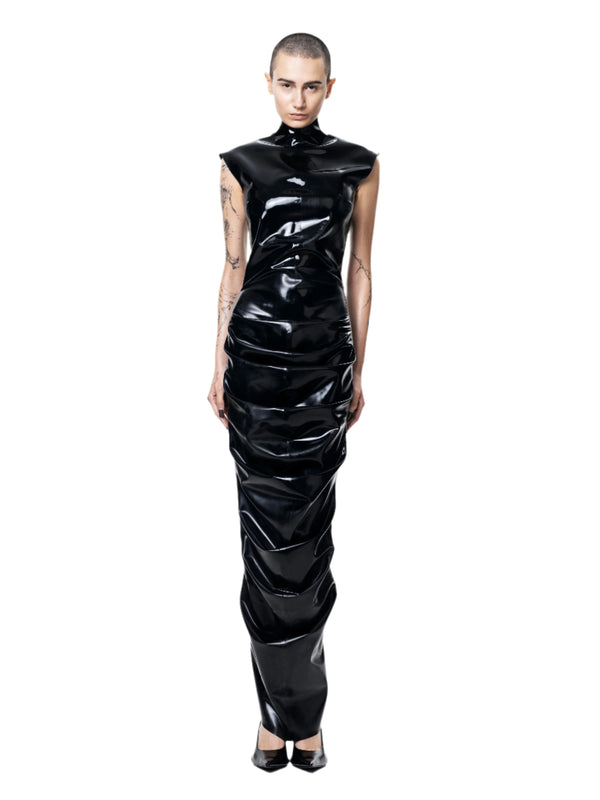 HARRI EXCLUSIVE Shrimp Dress in sleek black shiny material with high neck and fitted silhouette