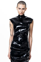 HARRI EXCLUSIVE Shrimp Dress sleek black shiny sleeveless high-neck fitted dress