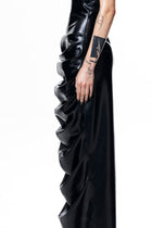 HARRI EXCLUSIVE Shrimp Dress black satin with ruffled side detail on a model's arm tattoo