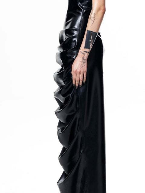 HARRI EXCLUSIVE Shrimp Dress black satin with ruffled side detail on a model's arm tattoo