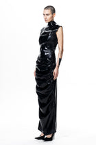 HARRI EXCLUSIVE black glossy Shrimp Dress with high neckline and sleeveless design on model