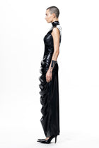 HARRI EXCLUSIVE black Shrimp Dress with high collar and ruffle detailing on side worn with heels