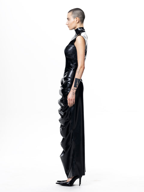 HARRI EXCLUSIVE black Shrimp Dress with high collar and ruffle detailing on side worn with heels