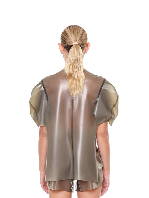 Back view of Grey Short Sleeve Structured Cape Top by HARRI worn by model with ponytail hairstyle