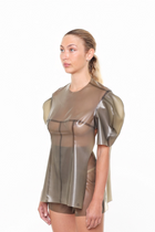 HARRI Grey Short Sleeve Structured Cape Top with puffed sleeves and modern transparent design