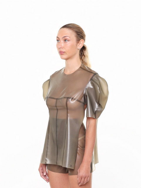 HARRI Grey Short Sleeve Structured Cape Top with puffed sleeves and modern transparent design