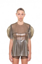 Grey Short Sleeve Structured Cape Top by HARRI with sheer puffed sleeves and structured design