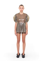 HARRI Grey Short Sleeve Structured Cape Top with sheer puff sleeves and modern design