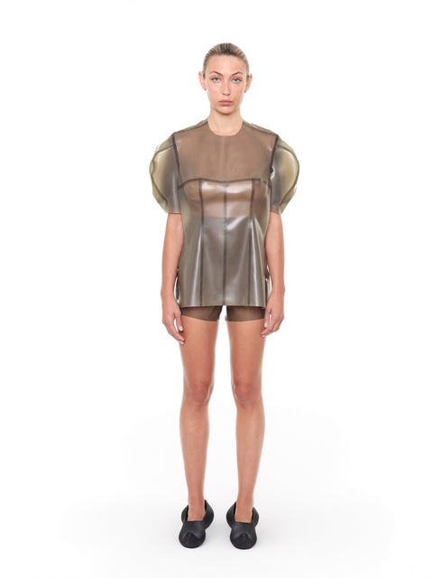 HARRI Grey Short Sleeve Structured Cape Top with sheer puff sleeves and modern design