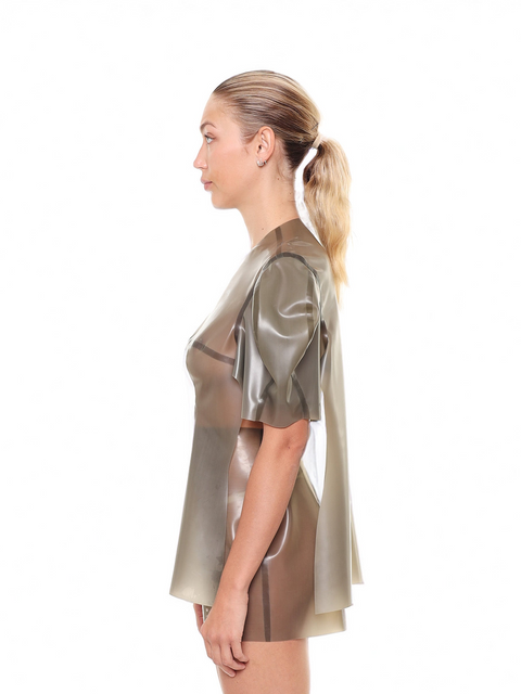 Grey Short Sleeve Structured Cape Top by HARRI worn by model in side profile with ponytail hairstyle