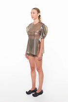 HARRI Grey Short Sleeve Structured Cape Top with puffed sleeves worn by model in black shoes