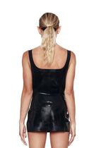 HARRI little black dress with square neck sleeveless fitted design shown from the back