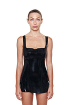 HARRI Little Black Dress with Square Neck made of shiny black material with wide straps